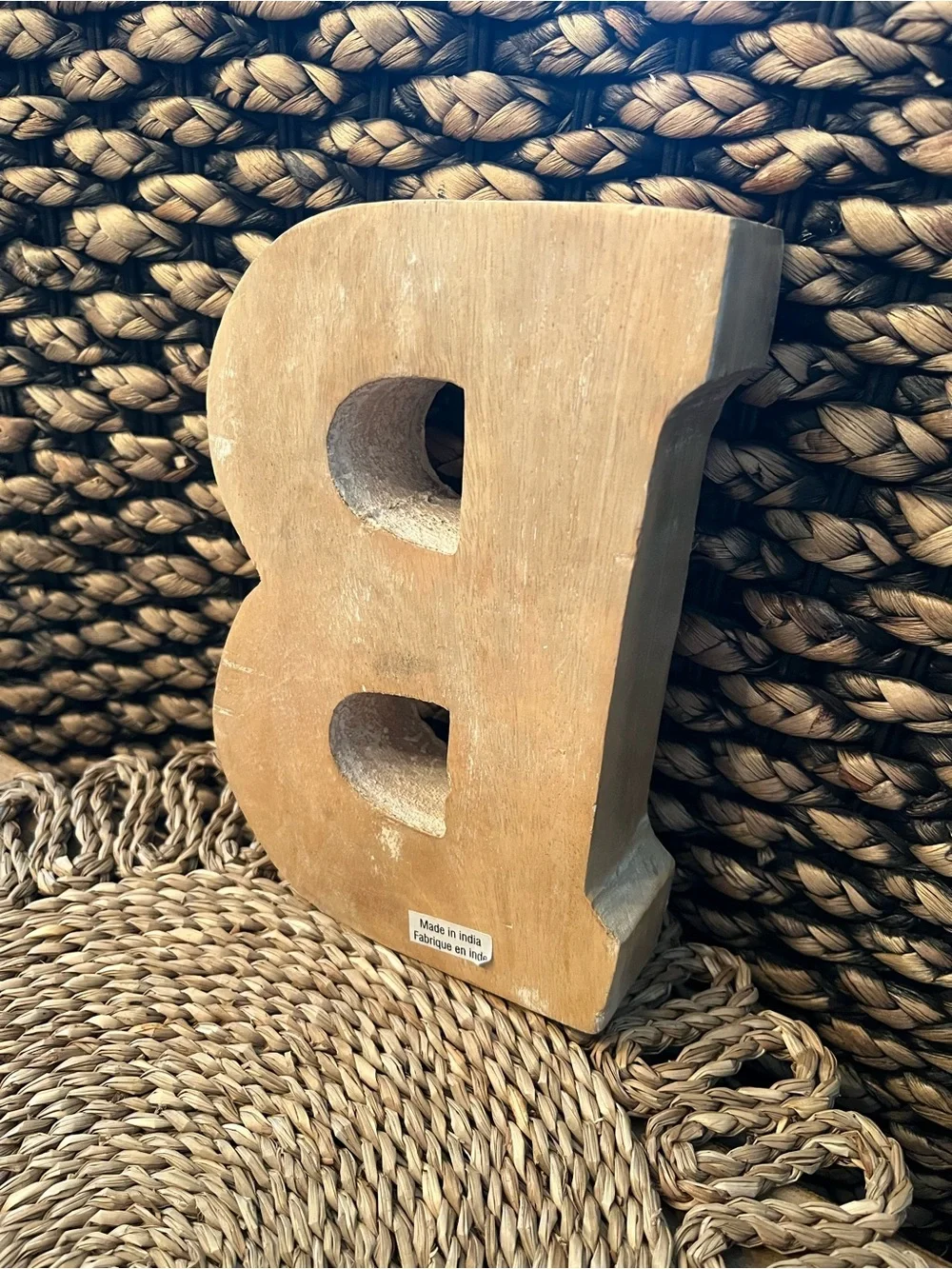Wooden Decorative Letter B with Carved Flowers - White & Natural